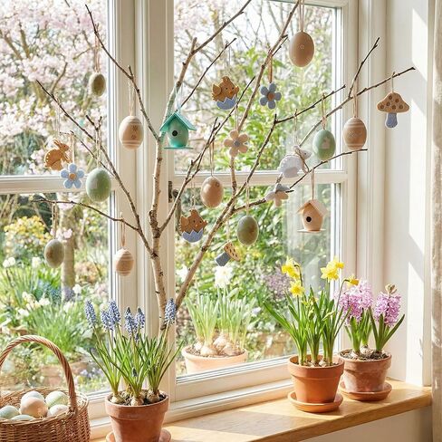 46PCS Easter Egg Tree Ornaments Set, Beige & Green Shatterproof Hanging Plastic Eggs, Decorative Birdhouse & Floral Design for Spring Tree, Easter Decorations in Kuwait