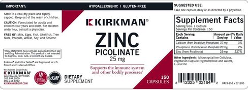 Kirkman Zinc Picolinate 25 Mg Hypoallergenic Vegetarian Capsules Gluten Free Casein Free Minerals 150 in Kuwait