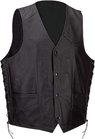 Men's Classic 4 Snap Concealed Gun Sleeveless Leather Vest Button With Side Laces Motorcycle Biker Jacket in Kuwait