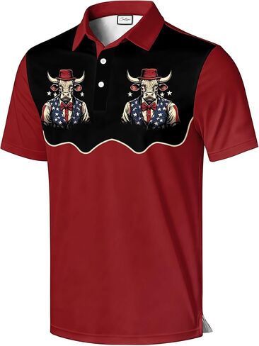 Men's Golf Polo Shirt, Red and Beige Color Block with Skeleton Guitarist Print, Short Sleeve Athletic Wear in Saudi Arabia