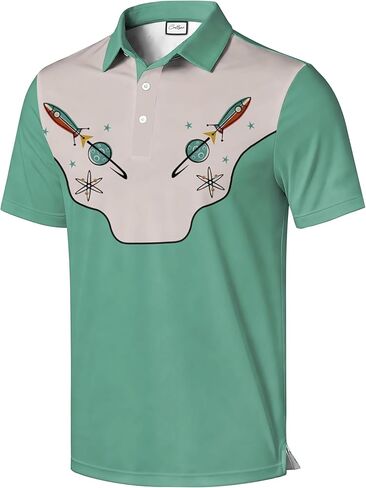Men's Golf Polo Shirt, Red and Beige Color Block with Skeleton Guitarist Print, Short Sleeve Athletic Wear in Saudi Arabia