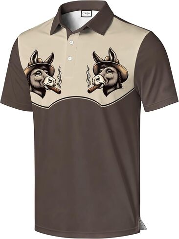 Men's Golf Polo Shirt, Red and Beige Color Block with Skeleton Guitarist Print, Short Sleeve Athletic Wear in Saudi Arabia