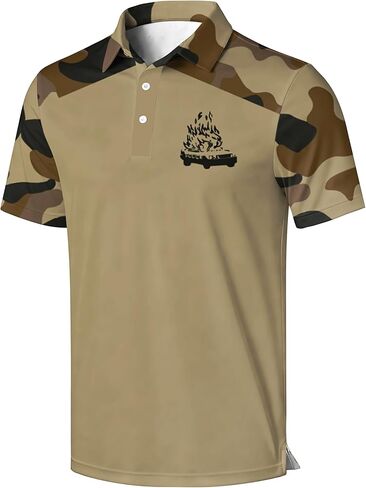 Men's Golf Polo Shirt, Red and Beige Color Block with Skeleton Guitarist Print, Short Sleeve Athletic Wear in Saudi Arabia