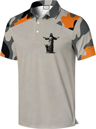Men's Golf Polo Shirt, Red and Beige Color Block with Skeleton Guitarist Print, Short Sleeve Athletic Wear in Saudi Arabia