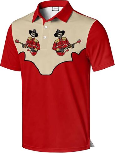 Men's Golf Polo Shirt, Red and Beige Color Block with Skeleton Guitarist Print, Short Sleeve Athletic Wear in Saudi Arabia
