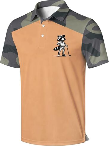 Men's Golf Polo Shirt, Red and Beige Color Block with Skeleton Guitarist Print, Short Sleeve Athletic Wear in Saudi Arabia