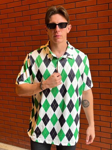 Polo Shirt, Black and White Checkered Pattern, Short Sleeve, Collared, Regular Fit in Saudi Arabia