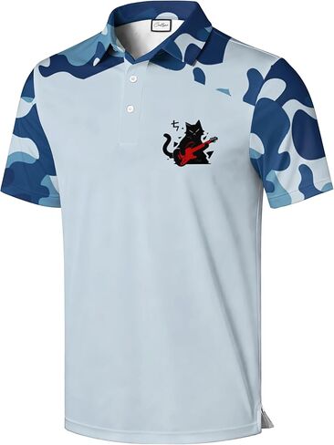 Men's Golf Polo Shirt, Red and Beige Color Block with Skeleton Guitarist Print, Short Sleeve Athletic Wear in Saudi Arabia