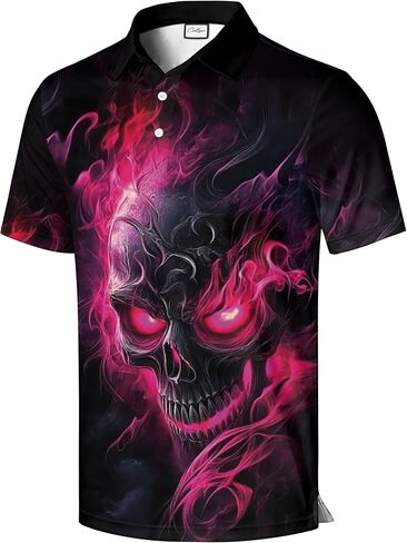 CoolWick Bowling Polo Shirt, Black with Skull and American Flag Design, Short Sleeve Performance Fabric in Saudi Arabia