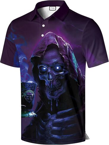 CoolWick Bowling Polo Shirt, Black with Skull and American Flag Design, Short Sleeve Performance Fabric in Saudi Arabia