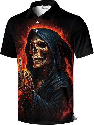 CoolWick Bowling Polo Shirt, Black with Skull and American Flag Design, Short Sleeve Performance Fabric in Saudi Arabia