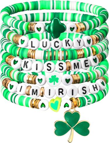 7 Pcs St Patricks Day Bead Heishi Bracelets Irish Stackable Shamrock Bracelets for St. Patrick's Day Decorations Lucky Green Gold Stretch Jewelry Set for Women in Saudi Arabia