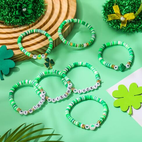 7 Pcs St Patricks Day Bead Heishi Bracelets Irish Stackable Shamrock Bracelets for St. Patrick's Day Decorations Lucky Green Gold Stretch Jewelry Set for Women in Saudi Arabia