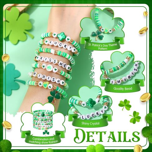 7 Pcs St Patricks Day Bead Heishi Bracelets Irish Stackable Shamrock Bracelets for St. Patrick's Day Decorations Lucky Green Gold Stretch Jewelry Set for Women in Saudi Arabia
