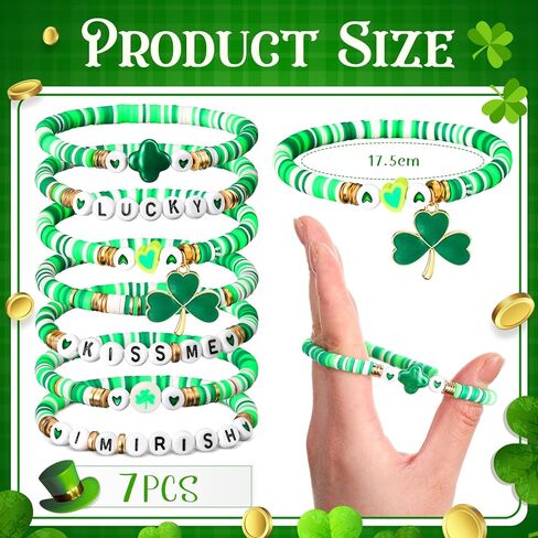 7 Pcs St Patricks Day Bead Heishi Bracelets Irish Stackable Shamrock Bracelets for St. Patrick's Day Decorations Lucky Green Gold Stretch Jewelry Set for Women in Saudi Arabia