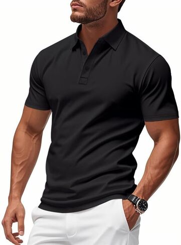 Men's Short Sleeve Polo Shirts Casual Button Down Collared Shirt for Men Lightweight Golf Tshirts Summer Top Black in Saudi Arabia