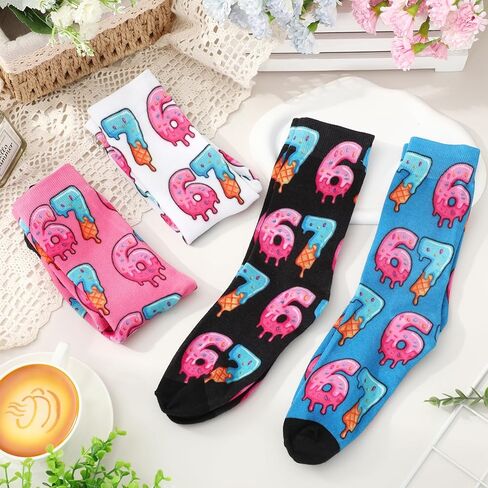 Whaline 4 Pairs Meme 6 7 Socks Ice Cream Socks White Black Blue Pink Sock for Holiday Party Gift Supplies in Saudi Arabia