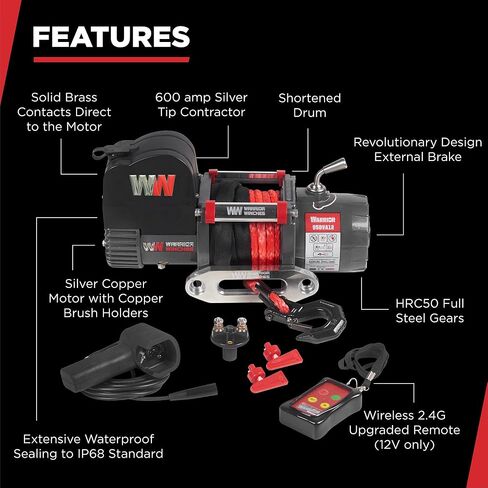 Warrior Winches Samurai 9500 Short Drum lbs ونش كهربائي 12V مع حبل صناعي - ونش كهربائي قوي للشاحنات - سعة تحميل 9500 رطل - جهاز تحكم عن بعد لاسلكي متضمن in Kuwait