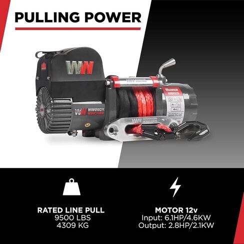 Warrior Winches Samurai 9500 Short Drum lbs ونش كهربائي 12V مع حبل صناعي - ونش كهربائي قوي للشاحنات - سعة تحميل 9500 رطل - جهاز تحكم عن بعد لاسلكي متضمن in Kuwait