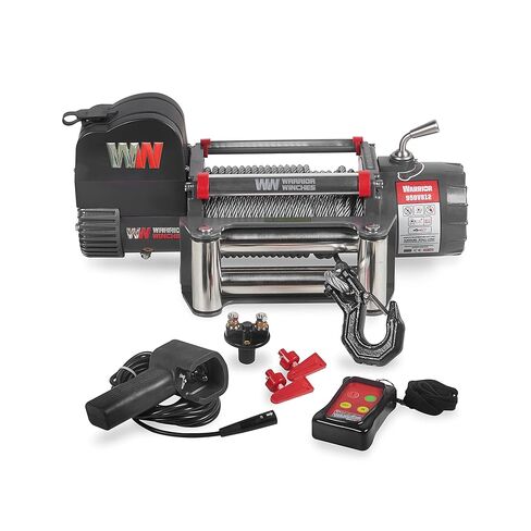 Warrior Winches Samurai 9500 Short Drum lbs ونش كهربائي 12V مع حبل صناعي - ونش كهربائي قوي للشاحنات - سعة تحميل 9500 رطل - جهاز تحكم عن بعد لاسلكي متضمن in Kuwait