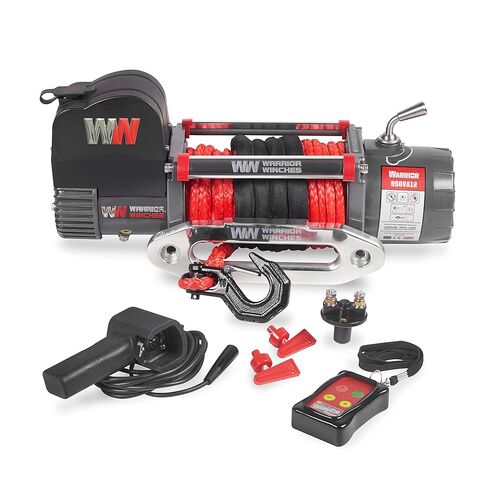 Warrior Winches Samurai 9500 Short Drum lbs ونش كهربائي 12V مع حبل صناعي - ونش كهربائي قوي للشاحنات - سعة تحميل 9500 رطل - جهاز تحكم عن بعد لاسلكي متضمن in Kuwait