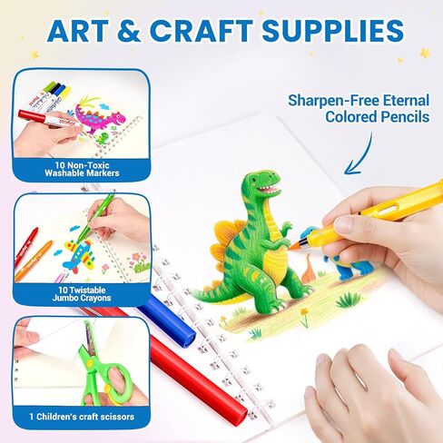 46-Piece Washable Back to School Supplies Gift Kit for Kids-Dinosaur Essential First Day Gift Set for Kindergarten & Elementary, Art Supplies & Refillable Tools, Ideal Kids Stationery Set for Boys. in Saudi Arabia