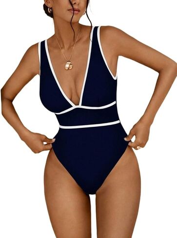 Womens Backless Full Cup Colorblock Monokini Swimsuit - Elegant Navy Blue One-Piece Swimwear for Beach Vacation in Saudi Arabia