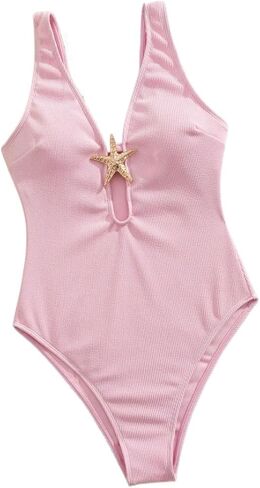 Womens Backless Full Cup Monokini Swimsuit with Criss-Cross Design and Metallic Starfish for Summer Beach Vacation in Saudi Arabia