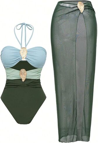 Elegant Women's Backless Cutout Monokini Swimsuit Set with Mesh Coverup Skirt for Summer Beach Vacation in Saudi Arabia