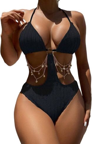 Womens Halter Neck Colorblock Cutout Sexy Monokini Swimsuit - One-Piece Beachwear for Summer Vacation in Saudi Arabia