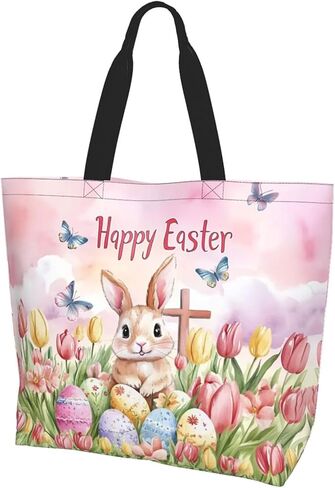 Happy Easter Tote Bag with Handles Large Happy Easter Reusable Bags Gift Bunny Egg Hunt Bags in Saudi Arabia