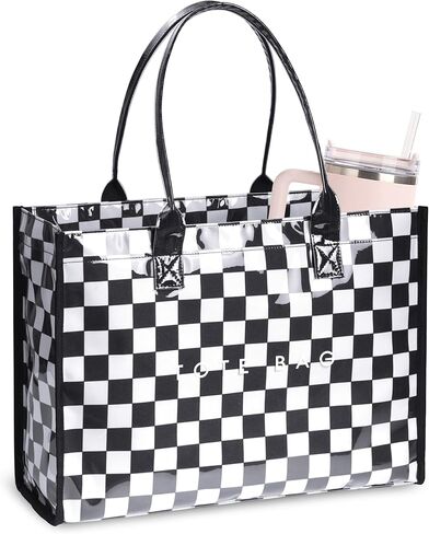 Large PVC Tote Bag for Women, Kraft Paper Handbag Beach Tote with Letter Print, Top Handle Purse for Work Travel Shopping in Kuwait