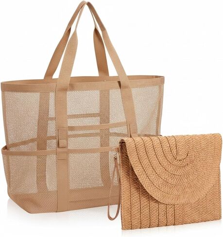 2 Pcs Mesh Beach Bag Straw Clutch Handbag for Women Travel Tote Set Purse with Pouch Beach Bag with Handwoven Clutch for Summer Vacation Cruise Travel in Saudi Arabia