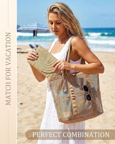 2 Pcs Mesh Beach Bag Straw Clutch Handbag for Women Travel Tote Set Purse with Pouch Beach Bag with Handwoven Clutch for Summer Vacation Cruise Travel in Saudi Arabia