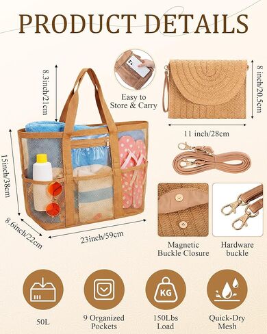 2 Pcs Mesh Beach Bag Straw Clutch Handbag for Women Travel Tote Set Purse with Pouch Beach Bag with Handwoven Clutch for Summer Vacation Cruise Travel in Saudi Arabia