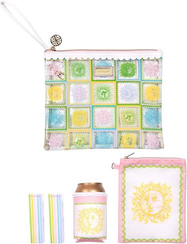 Lilly Pulitzer Water Resistant Vinyl Beach Day Pouch, Zipper Bag Includes Drink Hugger, Small Pouch, and Towel Clips, Sun Tiles Home in Saudi Arabia