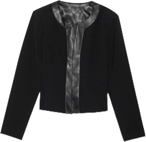 Women's Black Blazer Jacket with Faux Leather Trim, Long Sleeve, Collarless Design in Saudi Arabia