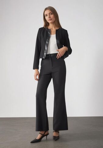 Women's Black Blazer Jacket with Faux Leather Trim, Long Sleeve, Collarless Design in Saudi Arabia