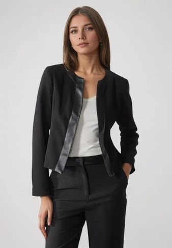 Women's Black Blazer Jacket with Faux Leather Trim, Long Sleeve, Collarless Design in Saudi Arabia