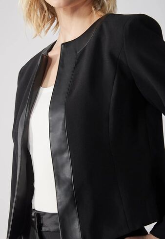 Women's Black Blazer Jacket with Faux Leather Trim, Long Sleeve, Collarless Design in Saudi Arabia
