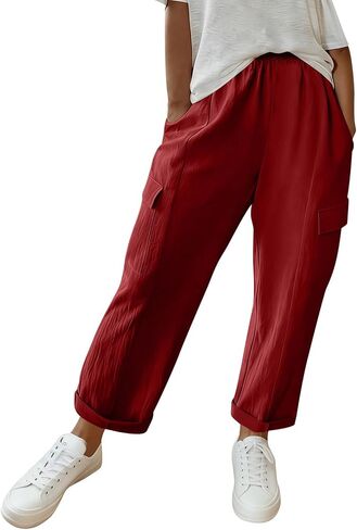 Linen Pants for Women 2026 Solid Color Vintage Pants Comfy Gauze Slacks Lightweight Casual Loose Trousers with Pockets in Kuwait