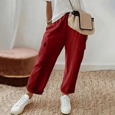 Linen Pants for Women 2026 Solid Color Vintage Pants Comfy Gauze Slacks Lightweight Casual Loose Trousers with Pockets in Kuwait