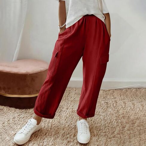 Linen Pants for Women 2026 Solid Color Vintage Pants Comfy Gauze Slacks Lightweight Casual Loose Trousers with Pockets in Kuwait
