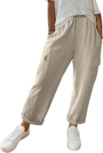 Linen Pants for Women 2026 Solid Color Vintage Pants Comfy Gauze Slacks Lightweight Casual Loose Trousers with Pockets in Kuwait