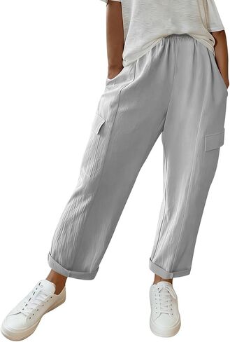 Linen Pants for Women 2026 Solid Color Vintage Pants Comfy Gauze Slacks Lightweight Casual Loose Trousers with Pockets in Kuwait