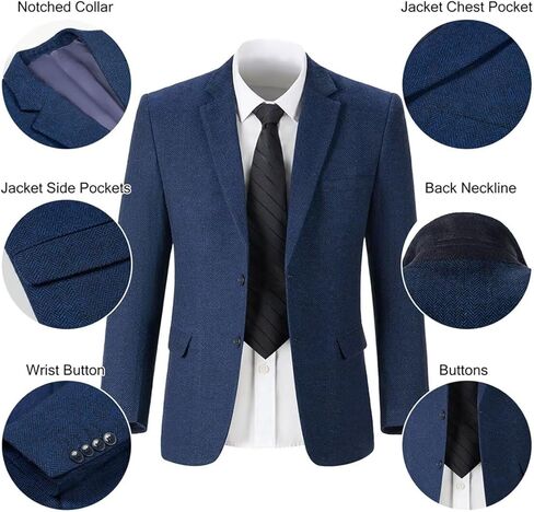 بدلة رجالية سترة متعرجة ريترو تويد بليزر صوف مزيج حفلة موسيقية عشاء رسمي الرجال سترات سهرة بليزرات بدلة عمل منفصلة معاطف رياضية أزرق داكن XL in Kuwait
