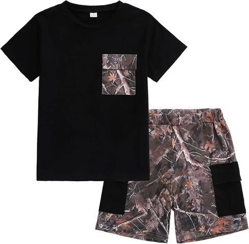 Boy's 2-Piece Summer Outfit Short Sleeve Solid Black Tee and Shorts With Pockets Boys Clothes for 7-14 Years Kids in Saudi Arabia