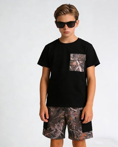 Boy's 2-Piece Summer Outfit Short Sleeve Solid Black Tee and Shorts With Pockets Boys Clothes for 7-14 Years Kids in Saudi Arabia
