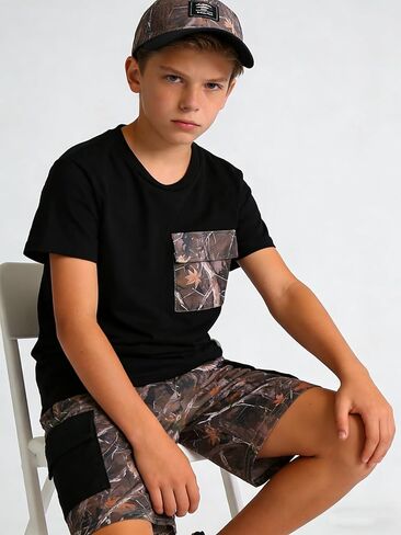 Boy's 2-Piece Summer Outfit Short Sleeve Solid Black Tee and Shorts With Pockets Boys Clothes for 7-14 Years Kids in Saudi Arabia