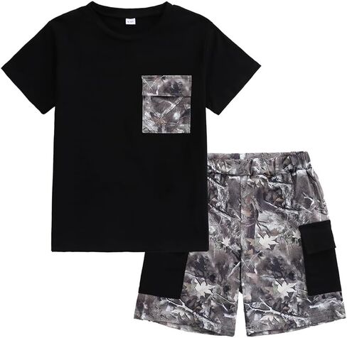 Boy's 2-Piece Summer Outfit Short Sleeve Solid Black Tee and Shorts With Pockets Boys Clothes for 7-14 Years Kids in Saudi Arabia